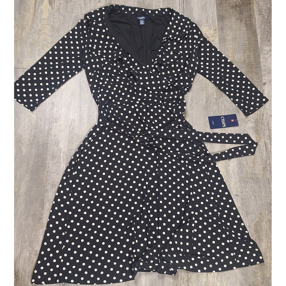 Chaps Women's Medium Black and White Polka Dot Dress Ruffle Front 3/4 Sleeve
